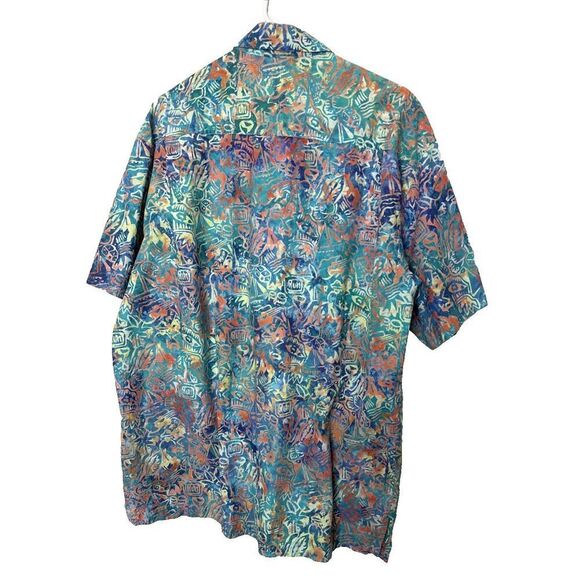 Rum Reggae Mens L Hawaiian Blue Green Button-Up Tropical Shirt Tahiti Grafitti - Picture 4 of 7